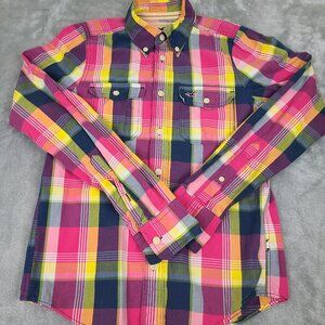 Hollister Womens Plaid Checked Shirt Long‎ Sleeve Button Down Spring Time Sz Med